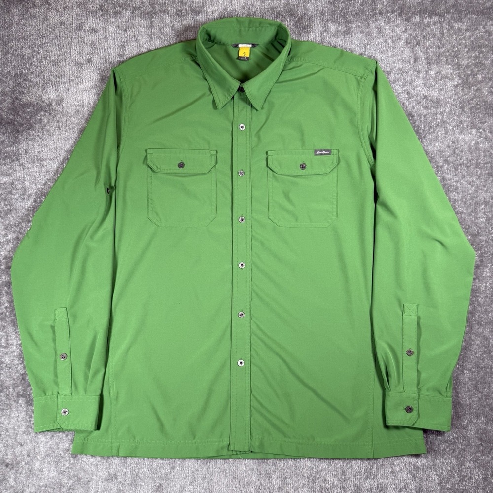 Eddie Bauer Shirt Men's Large Green Travex Long Sleeve Performance Button Up
